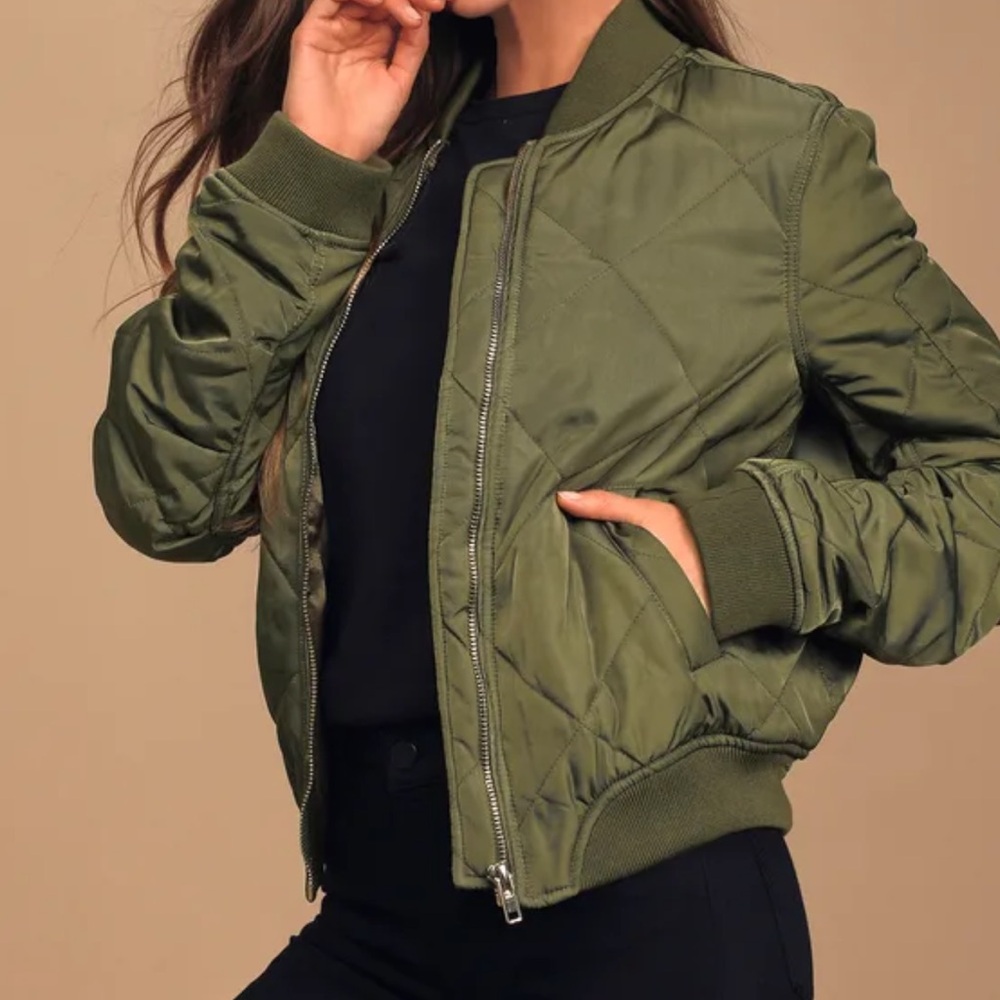 Olive Green Quilted Bomber Jacket